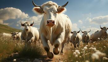 vaches pâturer sur vert prairie, une pittoresque rural paysage généré par ai photo