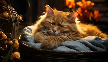 une mignonne chaton en train de dormir dans une confortable panier, profiter relaxation généré par ai photo