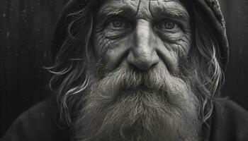 vieillissement homme avec gris cheveux et barbe à la recherche à caméra généré par ai photo