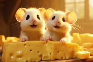 deux mignonne souris asseoir sur une gros pièce de fromage ai génératif photo