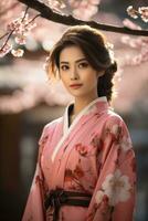 Jeune Japonais femme dans une Sakura jardin ai génératif photo