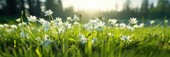 herbe avec petit fleurs sauvages ai généré photo
