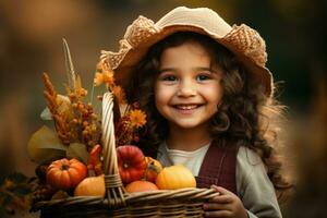 peu fille en portant une panier avec l'automne récolte ai généré photo