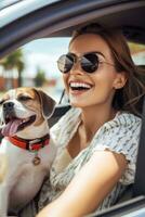 femme avec chien Voyage dans voiture ai généré photo