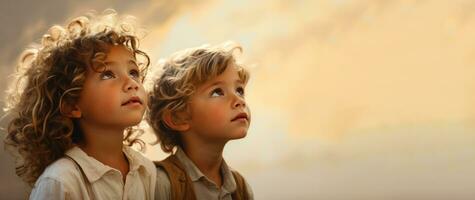 ai généré côté profil de enfants, sur pastel arrière-plan, bannière photo