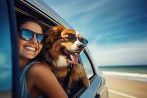 femme avec chien Voyage dans voiture ai généré photo