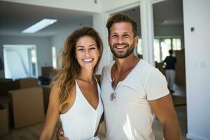 ai généré Jeune magnifique couple en mouvement dans une Nouveau Accueil photo