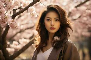 Jeune asiatique femme dans une Sakura jardin ai génératif photo