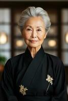 personnes âgées Japonais femme, plein corps dans une minimaliste vivant pièce ai génératif photo