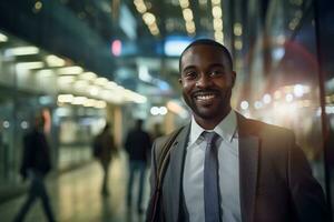 portrait de content africain américain homme d'affaire en marchant sur rue à nuit, souriant noir directeur dans moderne ville entouré par flou personnes. photo