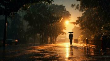 Humain du quotidien la vie sur pluvieux journée. profiter pluviométrie et content vie, animé pluvieux saison concept. génératif ai photo