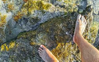 homme pieds dans l'eau sur des pierres rochers coraux sur plage. photo