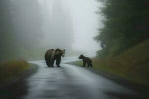 ours lionceau route dans brouillard. produire ai photo