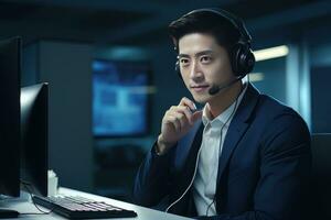 portrait de une Beau asiatique homme, client un service opérateur, appel centre ouvrier parlant par casque avec client dans moderne bureau. photo
