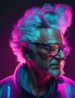 une homme dans des lunettes avec gris cheveux dans néon couleurs illustration photo