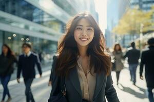 magnifique femme d'affaires en marchant dans moderne ville, asiatique femme des promenades sur une bondé piéton rue, affaires directeur entouré par brouiller gens sur occupé rue. photo