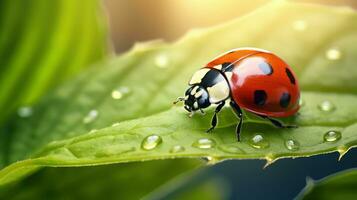 macro photo de coccinelle sur vert feuille Contexte. génératif ai