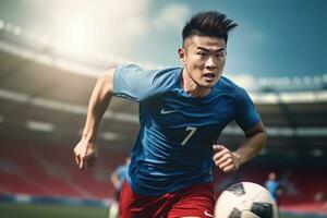 Beau asiatique football joueur, portrait de une Beau asiatique athlète homme, sport homme footballeur. photo