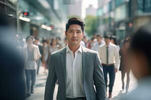 asiatique homme d'affaire en marchant dans moderne ville, Beau homme des promenades sur une bondé piéton rue, asiatique directeur entouré par brouiller gens sur occupé rue. photo