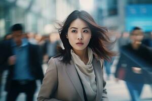 magnifique femme d'affaires en marchant dans moderne ville, asiatique femme des promenades sur une bondé piéton rue, affaires directeur entouré par brouiller gens sur occupé rue. photo