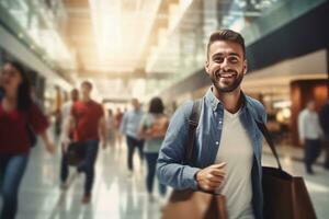 portrait de content Masculin va à achats dans moderne Vêtements magasin, Beau homme en marchant dans achats centre commercial entouré par flou personnes. photo