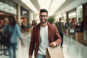 portrait de content Masculin va à achats dans moderne Vêtements magasin, Beau homme en marchant dans achats centre commercial entouré par flou personnes. photo