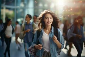 magnifique étudiant en marchant à école, adolescent fille des promenades sur une bondé piéton rue, femelle étudiant à la recherche à caméra et souriant. photo