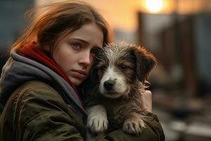 peu fille étreindre sa chien avec chaud lumière arrière-plan, enfant câlins une égarer chien à convoyer une sens de l'amour. photo