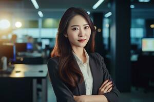 portrait de une magnifique femme d'affaires dans moderne bureau, asiatique directeur à la recherche à caméra et souriant, sur de soi femelle PDG Planification et gérant entreprise. photo