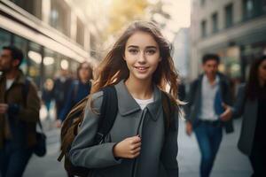 magnifique étudiant en marchant à école, adolescent fille des promenades sur une bondé piéton rue, femelle étudiant à la recherche à caméra et souriant. photo