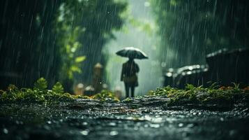 Humain du quotidien la vie sur pluvieux journée. profiter pluviométrie et content vie, animé pluvieux saison concept. génératif ai photo