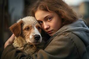 peu fille étreindre sa chien avec chaud lumière arrière-plan, enfant câlins une égarer chien à convoyer une sens de l'amour. photo