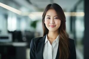 portrait de une magnifique femme d'affaires dans moderne bureau, asiatique directeur à la recherche à caméra et souriant, sur de soi femelle PDG Planification et gérant entreprise. photo