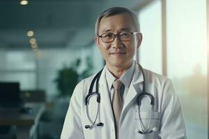 portrait de asiatique médecin avec stéthoscope dans le hôpital, expérimenté Sénior médical médecin souriant et à la recherche à caméra. photo