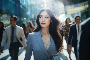 magnifique femme d'affaires en marchant dans moderne ville, asiatique femme des promenades sur une bondé piéton rue, affaires directeur entouré par brouiller gens sur occupé rue. photo