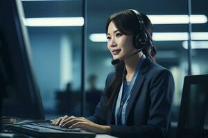 portrait de une magnifique asiatique client un service opérateur, appel centre ouvrier parlant par casque avec client dans moderne bureau. photo