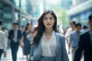 magnifique femme d'affaires en marchant dans moderne ville, asiatique femme des promenades sur une bondé piéton rue, affaires directeur entouré par brouiller gens sur occupé rue. photo