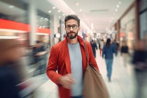 portrait de content Masculin va à achats dans moderne Vêtements magasin, Beau homme en marchant dans achats centre commercial entouré par flou personnes. photo