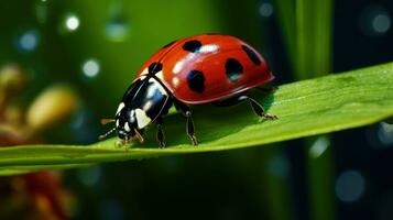 macro photo de coccinelle sur vert feuille Contexte. génératif ai