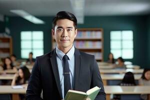 portrait de content asiatique Masculin prof avec une livre dans école, Jeune homme tuteur souriant et à la recherche à le caméra photo