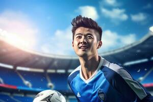 Beau asiatique football joueur, portrait de une Beau asiatique athlète homme, sport homme footballeur. photo