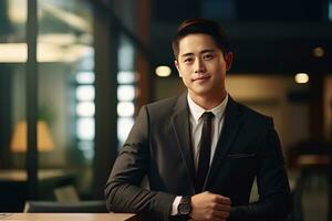 portrait de une Beau homme d'affaire dans moderne bureau, asiatique directeur à la recherche à caméra et souriant, sur de soi Masculin PDG Planification et gérant entreprise stratégie. photo