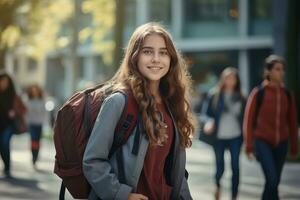 magnifique étudiant en marchant à école, adolescent fille des promenades sur une bondé piéton rue, femelle étudiant à la recherche à caméra et souriant. photo