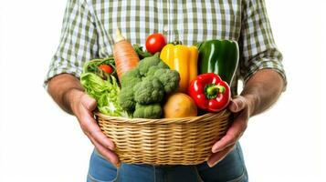 homme en portant panier de légumes, agriculteur en présentant biologique légumes, en bonne santé aliments. génératif ai photo