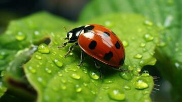 macro photo de coccinelle sur vert feuille Contexte. génératif ai