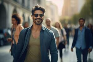 élégant Latin homme en marchant dans moderne ville, Beau Latin gars des promenades sur une bondé piéton rue. photo