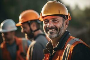 portrait de de bonne humeur ouvriers portant sécurité uniforme, construction ingénierie travaux sur bâtiment construction placer, observe et vérification le projet. photo