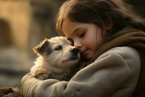 peu fille étreindre sa chien avec chaud lumière arrière-plan, enfant câlins une égarer chien à convoyer une sens de l'amour. photo