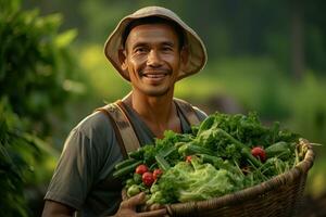 asiatique Masculin agriculteur avec panier de Frais légumes, en présentant biologique légumes, en bonne santé nourriture photo