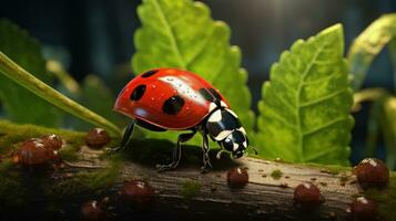 macro photo de coccinelle sur vert feuille Contexte. génératif ai